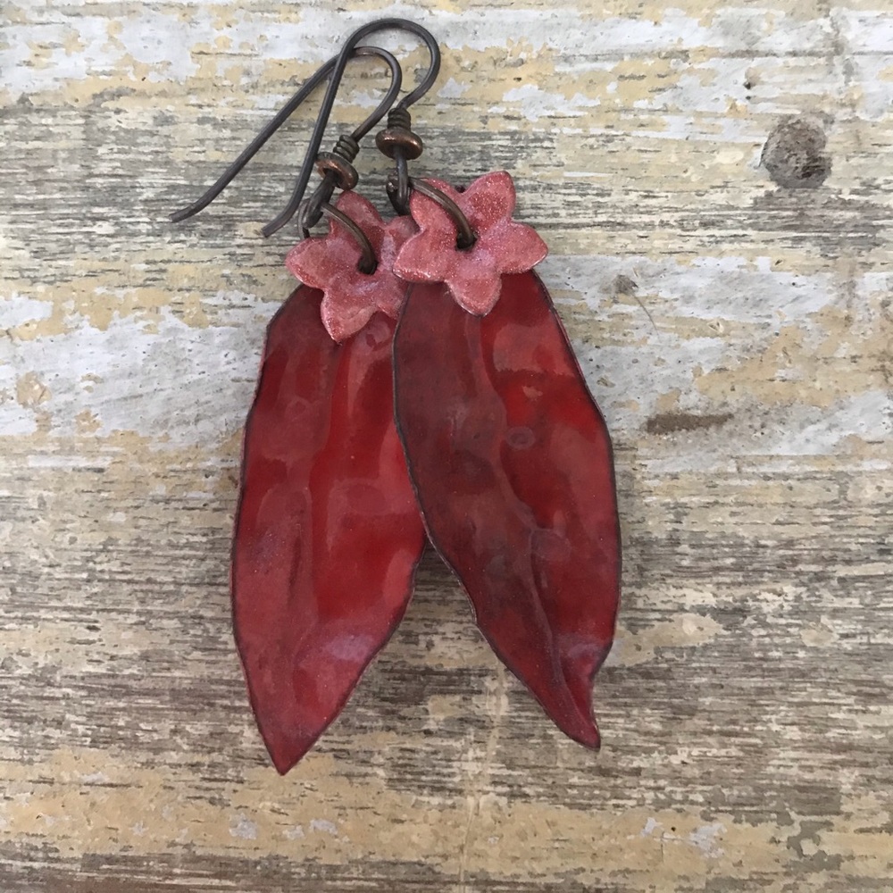 Earrings, burnt orange and hand enameled and made